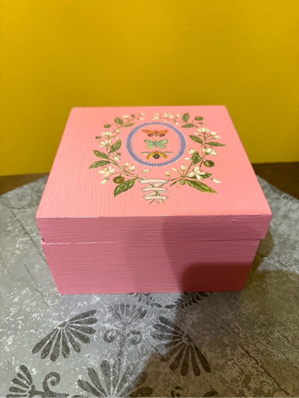 Pink Floral Butterfly Decorative Wooden Box